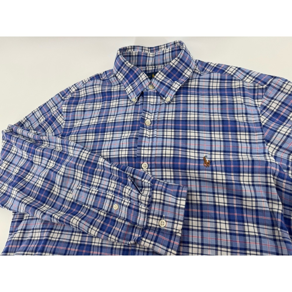 Ralph Lauren Shirt Mens M Blue Plaid Oxford Classic Fit Flesh Pony